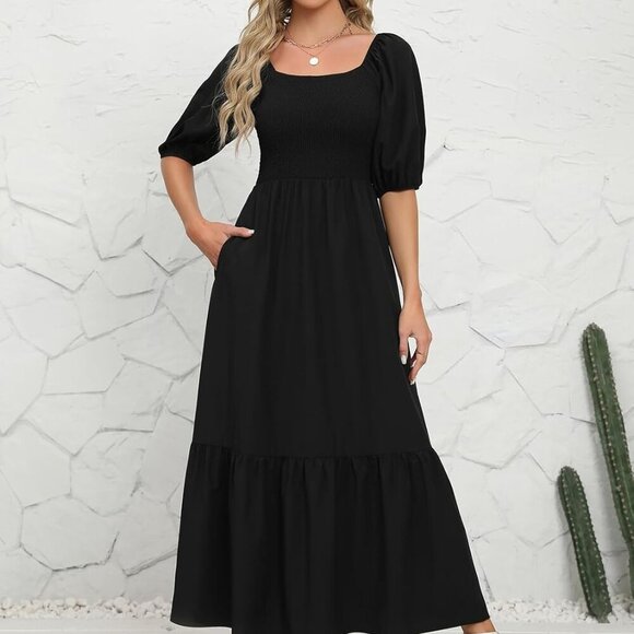 Summer Boho Smocked Maxi Dress Women Floral Tiered Flowy Casual Beach - Picture 9 of 9